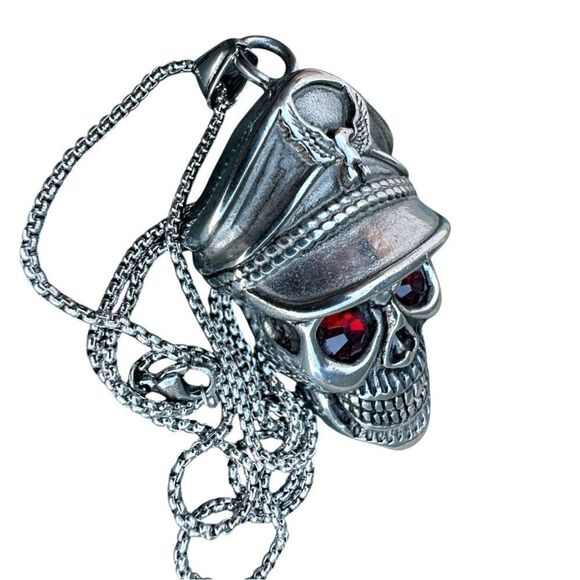 Men's Bold Skull Pendant Necklace with Red Eyes - 24" Stainless Steel Chain - Picture 6 of 17